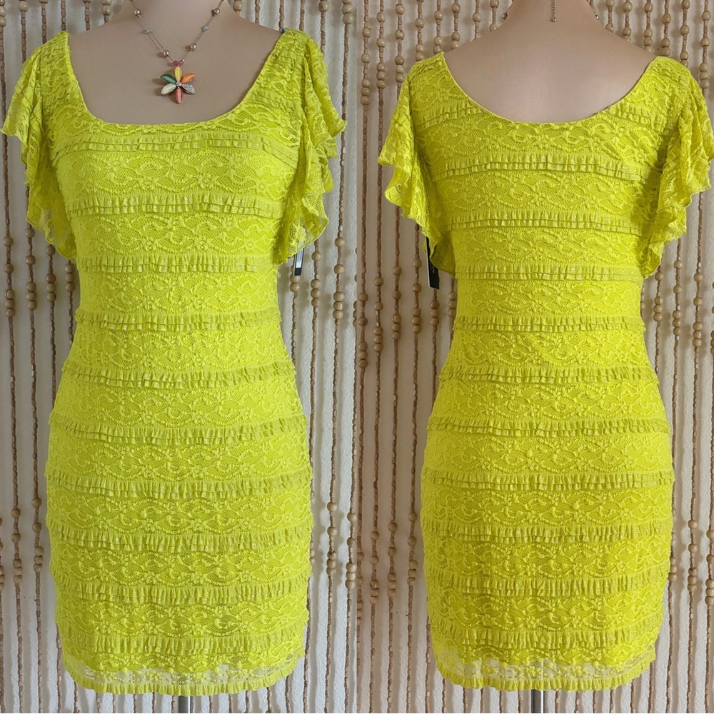 Guess NWT Sparkly Lime Lace Tiered Ruffle Sleeve Stretch Boho Party Dress